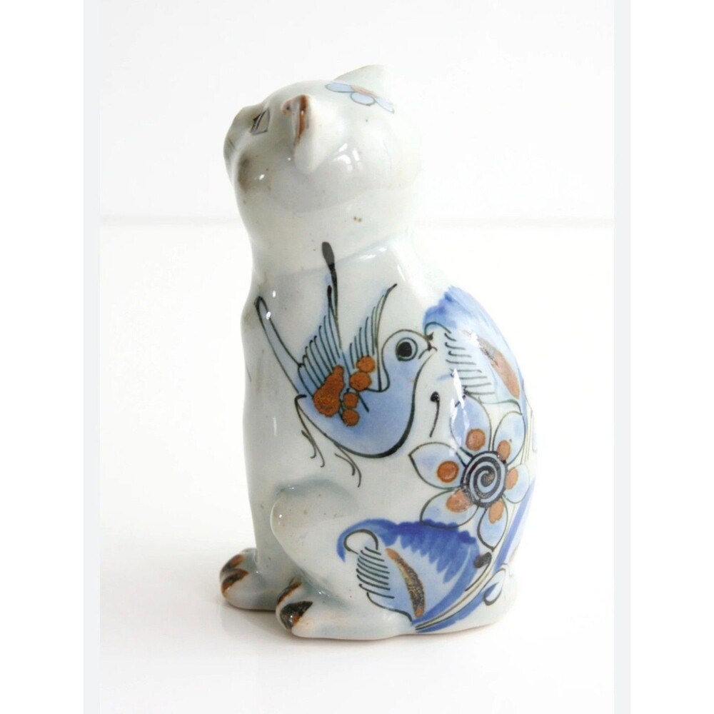 Mid Century Mexico Pottery Cat Tonala Kitten Ceramic Hand Painted Figurine VTG